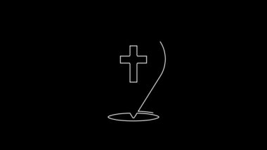 White line Map pin church building icon isolated on black background. Christian Church. Religion of church. 4K Video motion graphic animation.