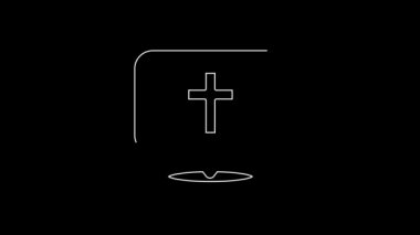 White line Map pin church building icon isolated on black background. Christian Church. Religion of church. 4K Video motion graphic animation.