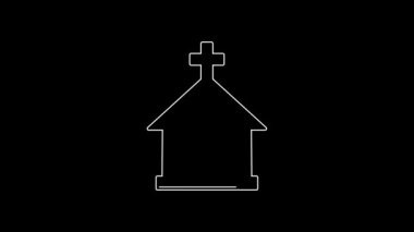 Siyah arka planda beyaz çizgi kilise ikonu var. Hıristiyan Kilisesi. Kilisenin dini. 4K Video hareketli grafik canlandırması.