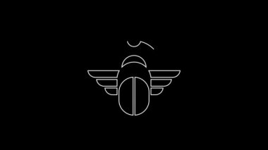 White line Egyptian Scarab icon isolated on black background. Winged scarab Beetle and sun. 4K Video motion graphic animation.