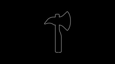 White line Firefighter axe icon isolated on black background. Fire axe. 4K Video motion graphic animation.