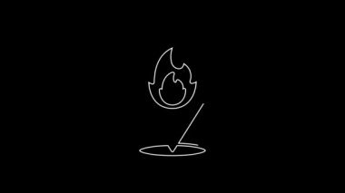 White line Map pointer with fire flame icon isolated on black background. Fire nearby. 4K Video motion graphic animation.