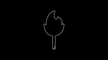 White line Burning match with fire icon isolated on black background. Match with fire. Matches sign. 4K Video motion graphic animation.