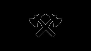 White line Firefighter axe icon isolated on black background. Fire axe. 4K Video motion graphic animation.