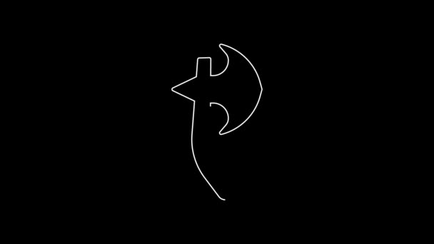 白色线木制斧头图标孤立在黑色背景 伐木工斧头万圣节快乐派对4K视频运动图形动画 — 图库视频影像