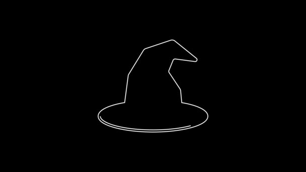 Біла Лінія Піктограма Капелюха Відьми Ізольована Чорному Тлі Щаслива Вечірка — стокове відео