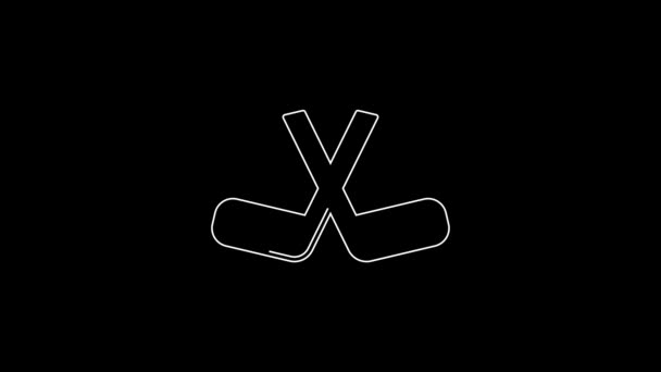White Line Ice Hockey Sticks Icon Isolated Black Background Video — 图库视频影像