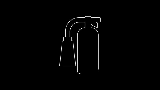 White Line Fire Extinguisher Icon Isolated Black Background Video Motion — 비디오