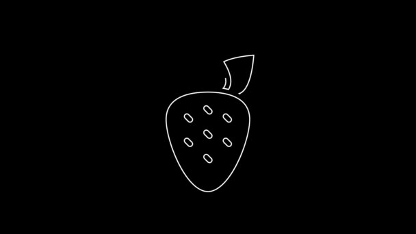 White Line Strawberry Icon Isolated Black Background Video Motion Graphic — Wideo stockowe