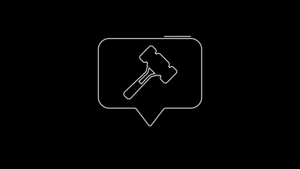 White Line Auction Hammer Icon Isolated Black Background Gavel Hammer — Stockvideo