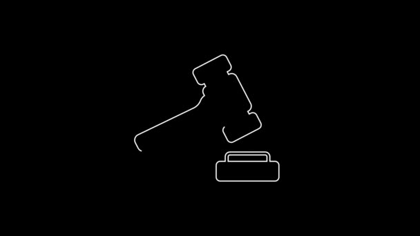 White Line Auction Hammer Icon Isolated Black Background Gavel Hammer — 图库视频影像