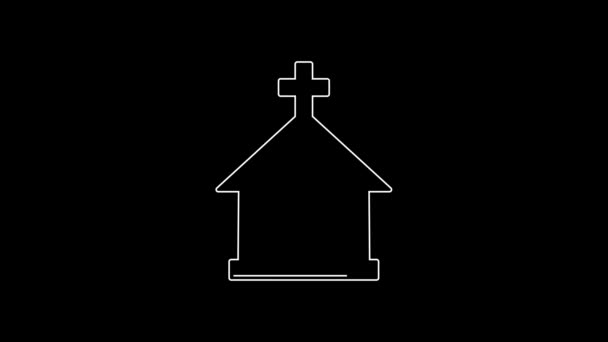 Ícone Construção Igreja Linha Branca Isolado Fundo Preto Igreja Cristã — Vídeo de Stock