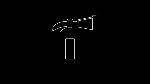 White Line Fire Extinguisher Icon Isolated Black Background Video Motion — Vídeo de Stock