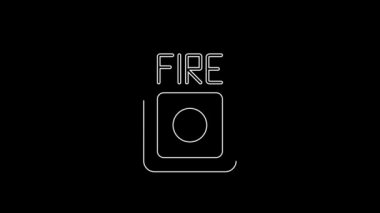 White line Fire alarm system icon isolated on black background. Pull danger fire safety box. 4K Video motion graphic animation.