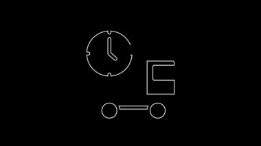 Beyaz çizgi lojistik dağıtım kamyonu ve zaman ikonu siyah arka planda izole edildi. Teslimat zamanı ikonu. 4K Video hareketli grafik canlandırması.