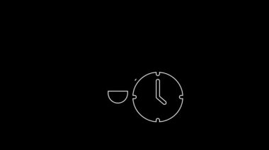 Beyaz çizgi alarm saat simgesi siyah arkaplanda izole edildi. Uyan, kalk konsepti. Zaman işareti. 4K Video hareketli grafik canlandırması.