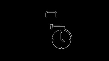 Beyaz çizgi çalışma zamanı simgesi siyah arkaplanda izole edildi. Ofis çalışanı. Çalışma saatleri. İş çantası. 4K Video hareketli grafik canlandırması.