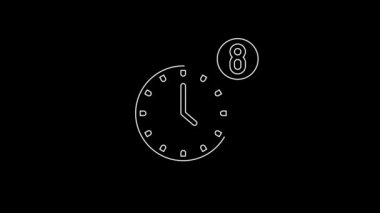 Beyaz çizgi alarm saati uygulaması akıllı telefon arayüzü simgesi siyah arkaplanda izole edildi. 4K Video hareketli grafik canlandırması.