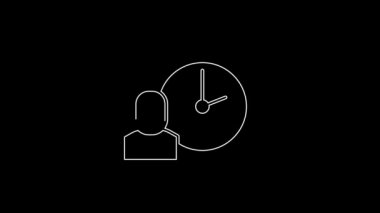 Beyaz çizgi çalışma zamanı simgesi siyah arkaplanda izole edildi. Ofis çalışanı. Çalışma saatleri. İş çantası. 4K Video hareketli grafik canlandırması.