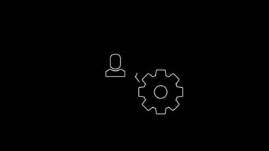 White line Human with gear icon isolated on black background. Artificial intelligence. Thinking brain sign. Symbol work of brain. 4K Video motion graphic animation.