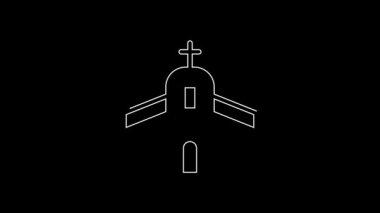 Siyah arka planda beyaz çizgi kilise ikonu var. Hıristiyan Kilisesi. Kilisenin dini. 4K Video hareketli grafik canlandırması.