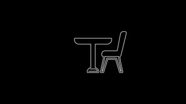 White line Wooden table with chair icon isolated on black background. 4K Video motion graphic animation.