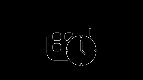 白い線黒の背景に隔離されたカレンダーと時計のアイコン スケジュール 主催者 時刻表 時間管理 4Kビデオモーショングラフィックアニメーション — ストック動画