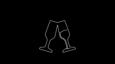 White line Glass of champagne icon isolated on black background. Happy Valentines day. 4K Video motion graphic animation.