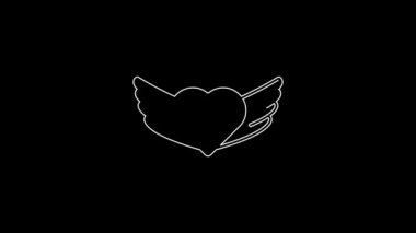 White line Heart with wings icon isolated on black background. Love symbol. Happy Valentines day. 4K Video motion graphic animation.