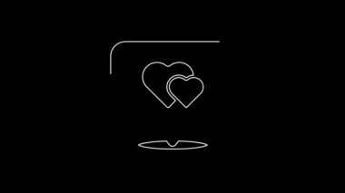 Siyah zemin üzerinde kalp simgesi olan beyaz çizgi haritası işaretçisi. Sevgililer Günü. Aşk yeri. Romantik harita iğnesi. 4K Video hareketli grafik canlandırması.