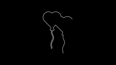 Siyah zemin üzerinde izole edilmiş kurdele ikonu olan kalp şeklinde beyaz çizgi balonlar. Sevgililer Günü. 4K Video hareketli grafik canlandırması.