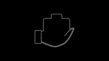 White line Travel suitcase in hand icon isolated on black background. Traveling baggage insurance. Security, safety, protection, protect concept. 4K Video motion graphic animation.