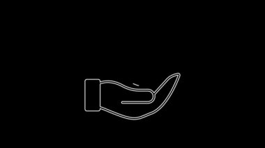 White line Shield in hand icon isolated on black background. Insurance concept. Guard sign. Security, safety, protection, privacy concept. 4K Video motion graphic animation.