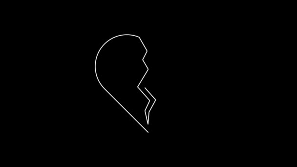 White Line Broken Heart Divorce Icon Isolated Black Background Love — Stock Video