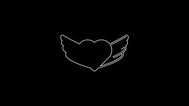 White Line Heart Wings Icon Isolated Black Background Love Symbol — Vídeo de Stock