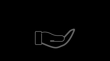 Beyaz çizgi sigorta ikonu siyah arka planda izole edildi. Kalkanın ötesinde sigorta kutuları var. 4K Video hareketli grafik canlandırması.