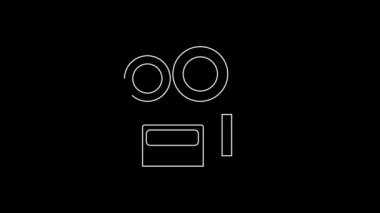 Beyaz çizgi Retro sinema kamera ikonu siyah arkaplanda izole edildi. Video kamera. Film tabelası. Film projektörü. 4K Video hareketli grafik canlandırması.