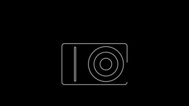 Beyaz çizgi fotoğraf makinesi simgesi siyah arkaplanda izole edildi. Foto kamera. Dijital fotoğrafçılık. 4K Video hareketli grafik canlandırması.