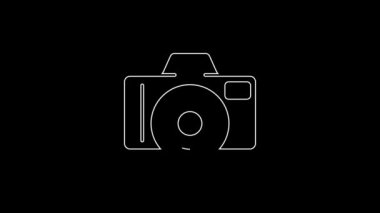 Beyaz çizgi fotoğraf makinesi simgesi siyah arkaplanda izole edildi. Foto kamera. Dijital fotoğrafçılık. 4K Video hareketli grafik canlandırması.
