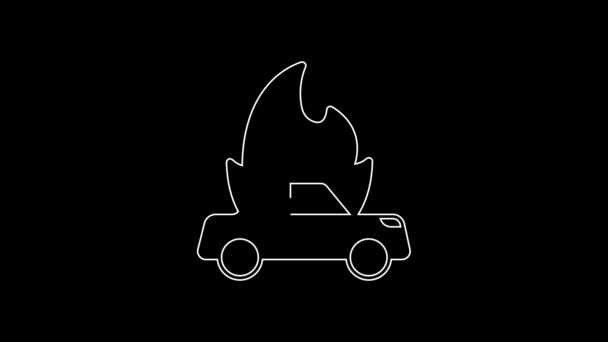 White Line Burning Car Icon Isolated Black Background Insurance Concept — Wideo stockowe