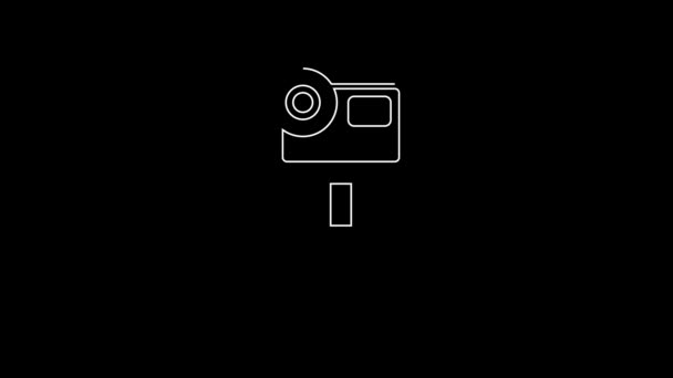 ホワイトライン黒の背景に隔離されたアクション極端なカメラアイコン 極端なスポーツを撮影するためのビデオカメラ機器 4Kビデオモーショングラフィックアニメーション — ストック動画