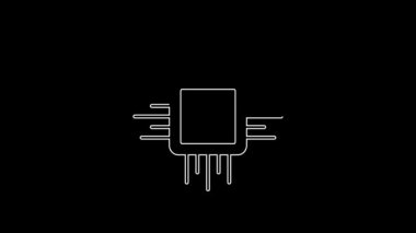 Siyah zemin üzerinde mikro devre işlemci simgesi olan beyaz çizgi Bilgisayar işlemcisi. Devre kartlı çip ya da işlemci. Mikro işlemci. 4K Video hareketli grafik canlandırması.