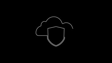 Beyaz çizgi Bulut ve kalkan simgesi siyah arkaplanda izole edildi. Bulut depolama veri koruması. Güvenlik, güvenlik, koruma, gizlilik kavramı. 4K Video hareketli grafik canlandırması.
