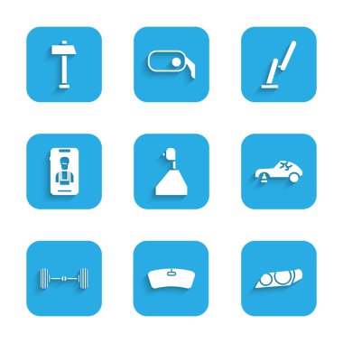 Set Gear shifter Windshield Car headlight Broken car Chassis Online services Windscreen wiper and Hammer icon. Vector.