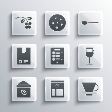 Set Bag of coffee beans V60 maker Irish Coffee menu bean branch and Spoon icon. Vector.