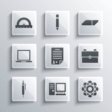Set Computer monitor Atom School backpack Exam sheet with plus grade Pen Laptop Protractor and Eraser rubber icon. Vector.