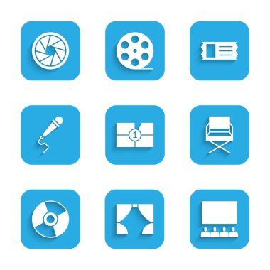 Set Old film movie countdown frame Curtain Cinema auditorium with screen Director chair CD DVD disk Microphone ticket and Camera shutter icon. Vector.