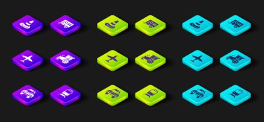 Set Police car and flasher Train railway Plane Tractor Rv Camping trailer and Traffic cone icon. Vector.