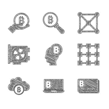 Set Bitcoin think Mining bitcoin from laptop Credit card with Blockchain technology Cryptocurrency cloud mining Video graphic and Hand holding icon. Vector.