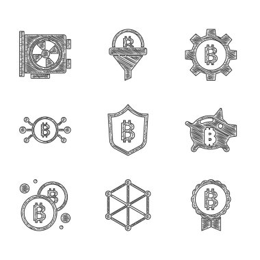 Set Shield with bitcoin Blockchain technology Bitcoin Piggy bank circuit Cryptocurrency and Video graphic card icon. Vector.